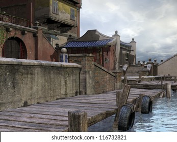 Wooden Dock In An Old Asian Town