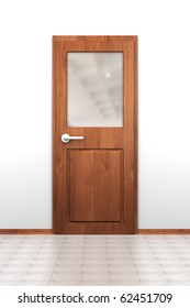 Wooden Door With Opaque Glass Window, Tiled Floor And White Wall