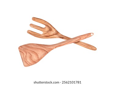 Wooden eco friendly cooking fork and stirring spatula watercolor illustration. Natural kitchen utensils perfect for cooking, mixing food. Template for menu, recipe design. Top view - Powered by Shutterstock