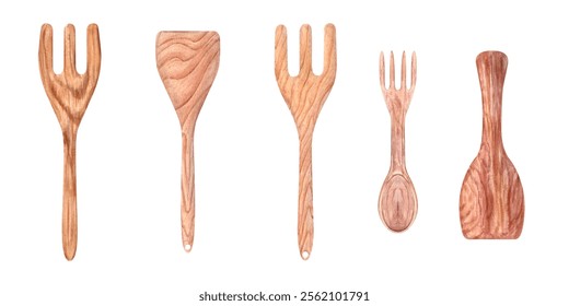 Wooden eco friendly cooking fork and spatula set watercolor illustration. Natural kitchen utensils perfect for mixing, stirring, eating and serving. Template for food menu, cookbook or recipe design - Powered by Shutterstock