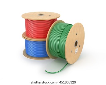 Wooden electric cable reels isolated white background. 3D Illustration
