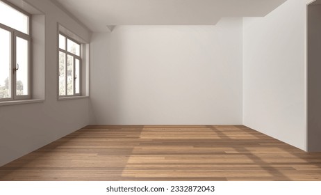 Wooden empty room interior design, open space with parquet floor, panoramic windows, white walls, modern contemporary architecture concept idea, 3d illustration - Shutterstock ID 2332872043