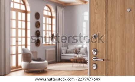 Wooden entrance door opening on farmhouse wooden living room in boho style. White fabric sofa and rattan furniture, interior design concept idea, 3d illustration Foto stock © 
