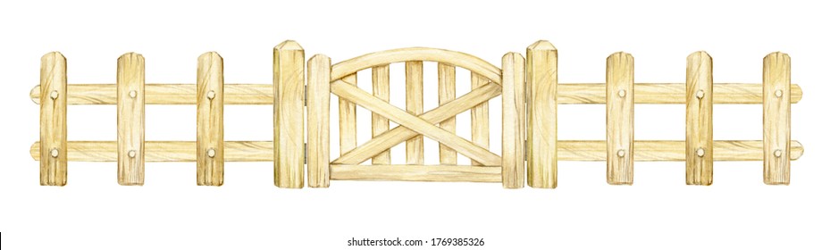 Wooden fence and gate. Watercolor illustration on an isolated background.