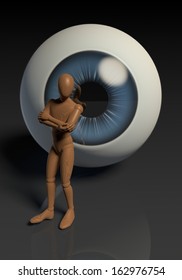 Wooden Figure, Man Standing In Front Of A Staring Giant Eye, 3d Rendering On Dark Background