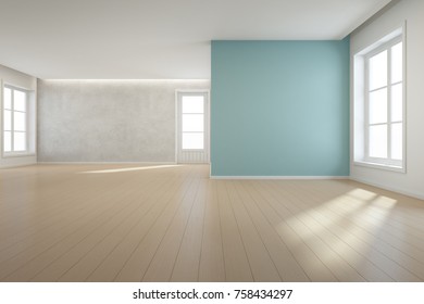 Wooden Floor With Blue Concrete Wall Background In Large Room At Modern New House For Big Family, White Vintage Window And Door Of Empty Hall Or Natural Light Studio - Home Interior 3d Illustration