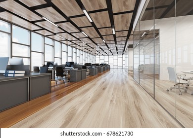 Wooden Floor Open Space Office Interior With Panoramic Windows And A Rectangular Ceiling Pattern. Side View. 3d Rendering Mock Up