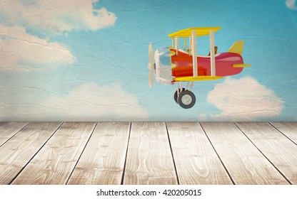 wooden floor with vintage airplane at the wall. 3d illustration