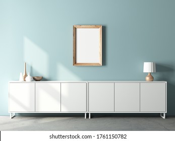 Wooden Frame Mockup Hanging On Blue Wall Above Bureau, Interior 3d Rendering