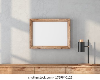 Wooden Frame Mockup Hanging On Concrete Wall Above Bureau, 3d Rendering