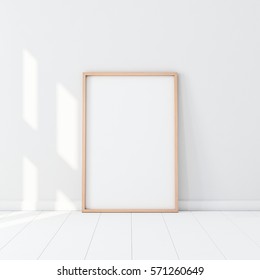 Wooden Frame With Poster Mockup Standing On The White Floor. 3d Rendering