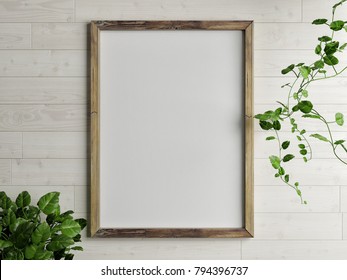 Wooden free frame with green plant on wooden wall, 3d render, 3d illustration