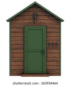 Wooden Garden Shed With Green Closed Door Isolated On White Background - 3D Rendering