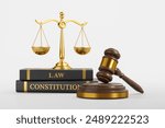 Wooden gavel on podium, golden vintage scales on law and constitution books, light background. Concept of justice, court and jurisdiction. 3D rendering illustration