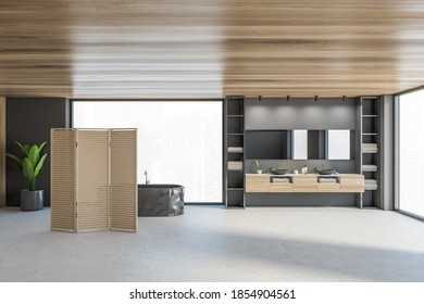 Wooden Grey Bathroom With Black Bathtub And Two Sinks With Large Mirror, A Plant And Big Window, Open Space Bathroom With Panel Wooden Screen In Flat 3D Rendering, No People