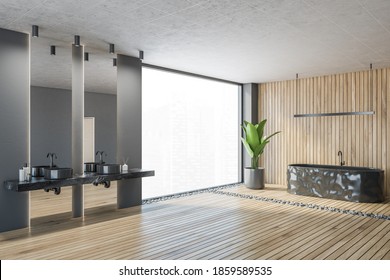 Wooden Grey Bathroom With Black Bathtub And Two Sinks With Mirrors, Side View, A Plant And Big Window. Grey Wooden Bathroom In Modern Luxury Flat 3D Rendering, No People