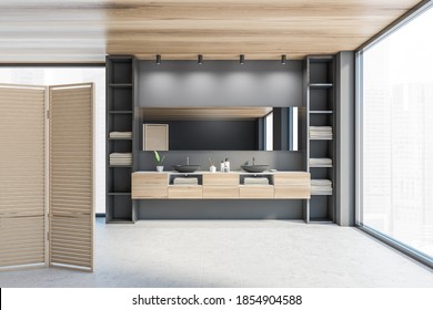 Wooden Grey Bathroom With Two Black Sinks, Big Shelf And Large Mirror Near Big Window. Open Space Bathroom With Panel Wooden Screen In Flat 3D Rendering, No People