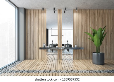 Wooden Grey Bathroom With Two Sinks And Tall Mirrors In Modern Luxury Flat. Front View Of Two Separate Sinks On Wooden Wall And A Big Plant 3D Rendering, No People