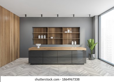 Wooden Grey Hall With House Bar Counter And Dishes On The Shelves, Plant In The Corner Near Big Window. Dark Design Of Small Counter Desk In The Kitchen, No People 3D Rendering