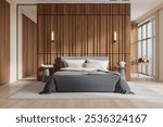 Wooden home bedroom interior with bed, room divider and work table with laptop, carpet on hardwood floor. Panoramic window on city skyscrapers. 3D rendering