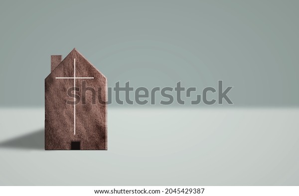 Wooden Home Church community. Church
online Services Concept. worship together at home, Mission of
gospel and Christianity concepts	   3d illustration

