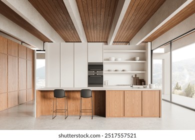 Wooden home kitchen interior with bar counter and shelves with kitchenware, concrete floor. Beige cooking space with panoramic window on countryside. 3D rendering