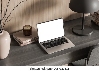 Wooden Home Office Interior With Laptop, Vase And Lamp On Dark Desk, Chair And Lighter Wall Design. Concept Of Modern Workspace. Top View. 3d Rendering