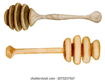 Wooden Honey Spoon Hand Drawn Watercolor Illustration