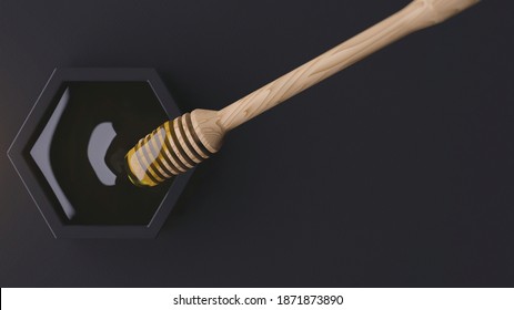 Wooden Honey Stick Dripping With Honey In Black Hexagonal Cup, 3d Illustration