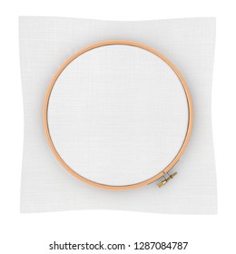 Wooden Hoop For Cross Stitch. A Tambour Frame For Embroidery And Canvas With Free Space For Your Design On A White Background. 3d Rendering 