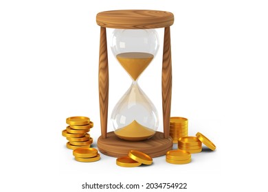 Wooden Hourglass And Coins 3D Render Illustration. Clock With Golden Sand Isometric 3d Style. Sandglass Device To Measure Hours And Minutes. Time Is Money Concept. Isolated On White Background
