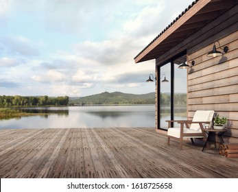 Wooden House Exterior With Beautiful Lake And Mountain View 3d Render,There Are Old Wood Terrace Floor,Decorate With White Fabric Chair,Surrounded By Nature