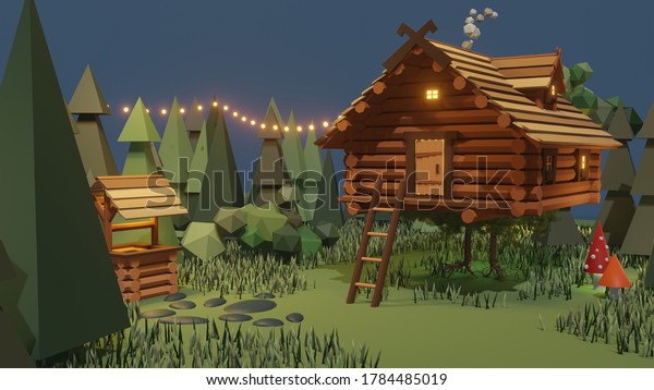 森の魔法のおとぎ話の木造の家 木の鶏の脚に 超現実的なババヤガ小屋を描いた3dイラスト 超自然的な田舎家のモデル スラブの民話 ロシア神話 グラフィックデザイン のイラスト素材