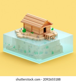 Wooden house in the middle of the water - Voxel Art. Suitable for wall decoration.