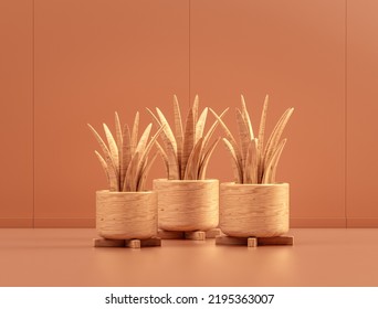 Wooden House Plant With Four Legs Pot In Single Color Interior Room, 3d Rendering, No People