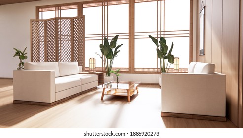 The Wooden Interior Design,zen Modern Living Room Japanese Style.3D Rendering