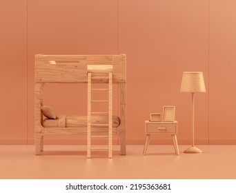 Wooden Kid Bedroom With Bunk Bed, Floor Lamp In Monochrome Room, 3d Rendering, No People