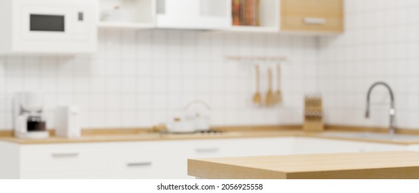 Wooden kitchen counter top on blurry modern white minimalist kitchen room interior in the background. 3d rendering, 3d illustration - Shutterstock ID 2056925558