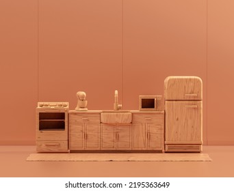 Wooden Kitchen With Refrigerator And Counter Top In Monochrome Kitchen, 3d Rendering, No People