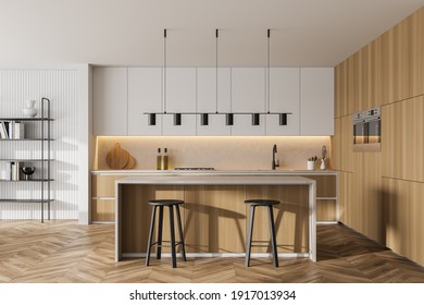 Wooden kitchen room with dining table and bar chairs, parquet floor. Kitchen open space room with bookshelf, wooden light furniture, 3D rendering no people
