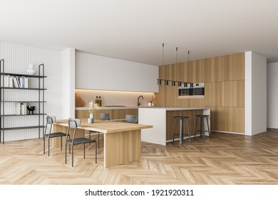 Wooden Kitchen Room With Dining Table And Chairs, Parquet Floor, Side View. Kitchen Open Space Room With Bookshelf, Light Wooden Furniture, 3D Rendering No People