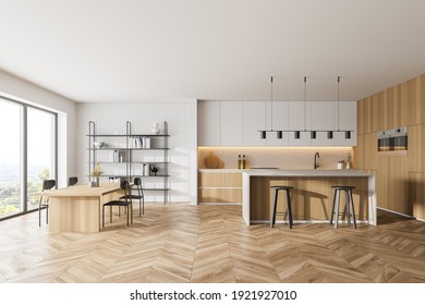 Wooden Kitchen Room With Dining Table And Chairs, Parquet Floor. Kitchen Open Space Room With Bookshelf And Window, Light Wooden Furniture, 3D Rendering No People