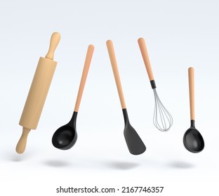 Wooden kitchen utensils, tools and equipment on white background. 3d render of home kitchen tools and accessories for cooking