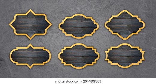Wooden labels with golden borders frame Set Hanging in Grey textured Wall. Collection of wood sign bored. Six Empty blank or Rustic wood labels   3D illustration 