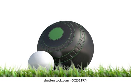 A wooden lawn bowling ball next to a white jack in the grass on an isolated white background - 3D render