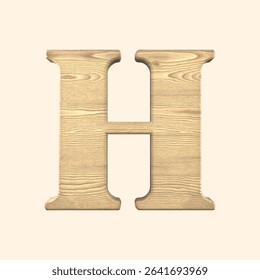 Wooden letter H design with a natural wood texture. The letter H features a realistic wood grain pattern. Perfect for wood-themed projects or rustic designs. Creative font for text.