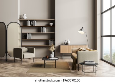 Wohnzimmer aus Holz mit Sessel und Sofa mit Lampe, Bücherregal und Schublade mit Dekoration, minimalistischer Leseraum auf Parkettboden, Fenster mit Landschaft. 3D-Rendering