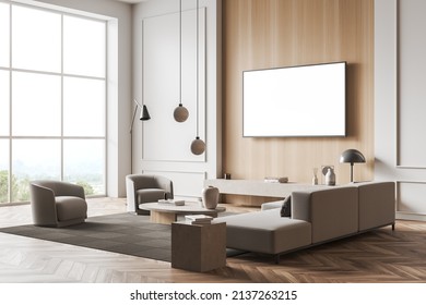 Wooden Living Room Interior With Sofa And Seats, Tv On Wall. Coffee Table With Decoration, Hardwood Floor. Panoramic Window On Countryside View. Mock Up Blank Screen, 3D Rendering