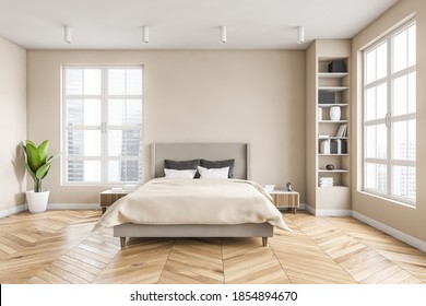 Wooden Living Room With Parquet, Bed And Linens. Light Brown Minimalist Bedroom With Shelves And Books. Windows With City View, No People 3D Rendering