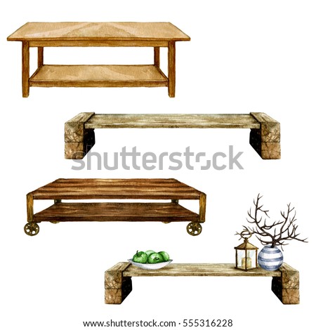 Wooden Living Room Tables with and without additional decor  - Watercolor Illustration.